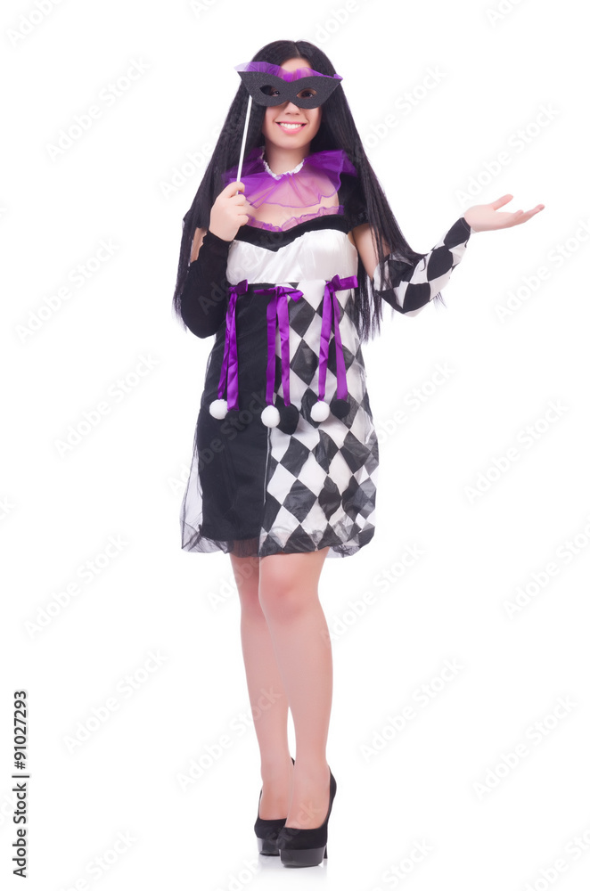 Pretty girl in jester costume isolated on white Pretty girl in jester costume isolated on white