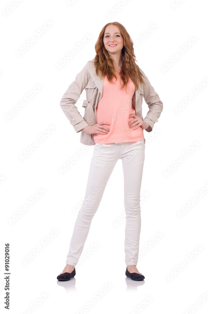 Cute smiling girl in light short coat isolated on white Cute smiling girl in light short coat isolated on white