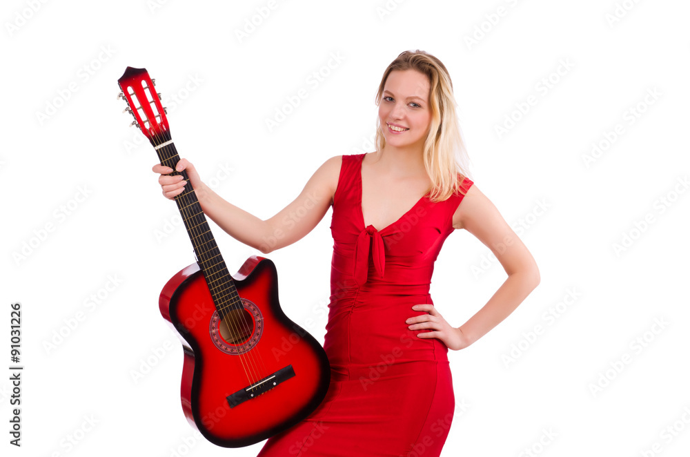 Fototapeta premium Pretty girl holding guitar isolated on white