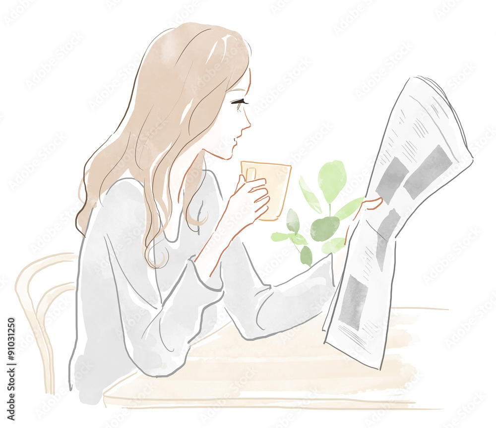 コーヒーを飲みながら新聞を読む女性 Stock イラスト Adobe Stock