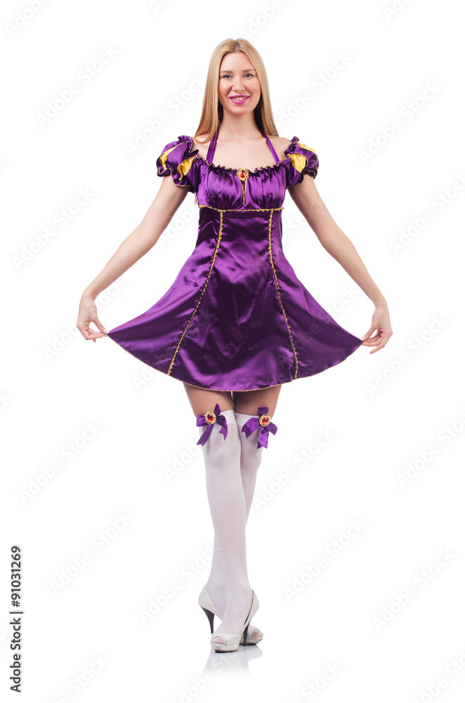 Cute girl in purple masquerade dress isolated on white Cute girl in purple masquerade dress isolated on white