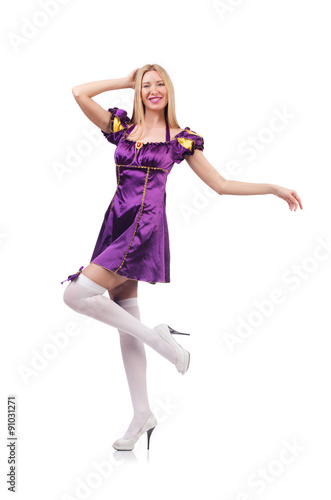 Cute girl in purple masquerade dress isolated on white
