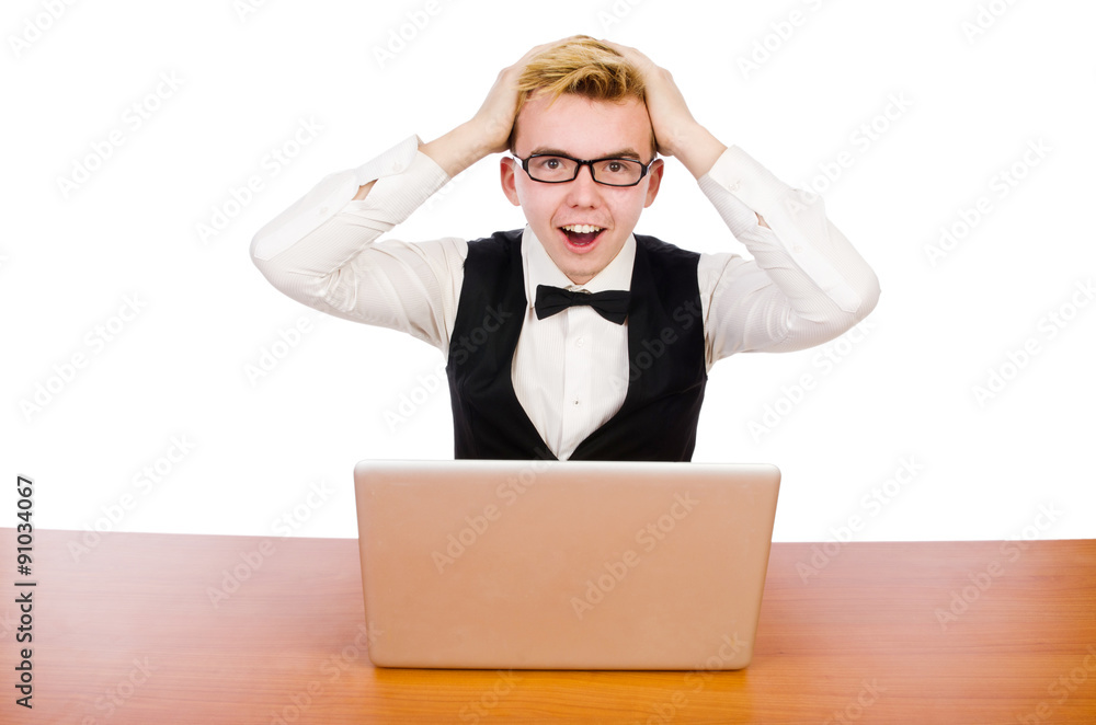 Smart student sitting with laptop isolated on white Smart student sitting with laptop isolated on white