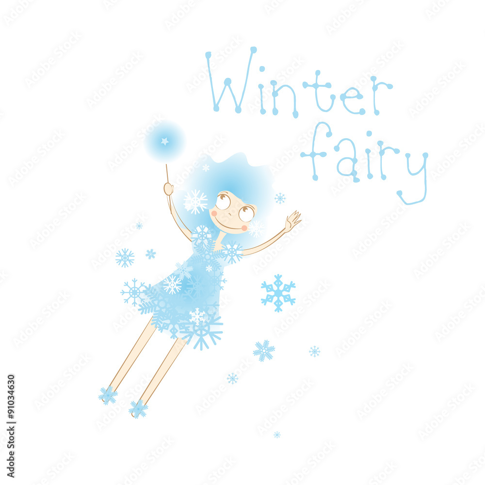 Vector winter card with cartoon  winter fairy in a dress from snowflakes. Snow hairdress and magic wand.