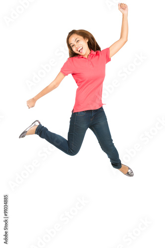 Extreme Celebration Jumping Asian Woman Fist Pump