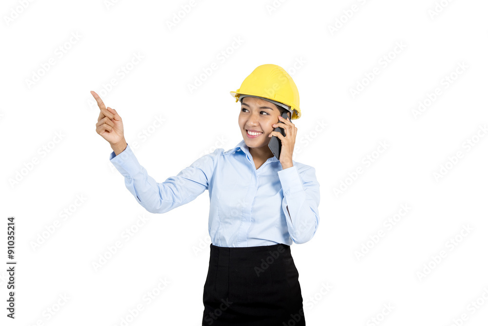 Asian worker on white background.