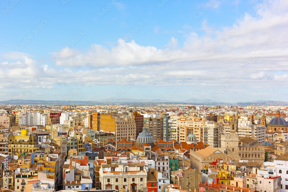 Aerial view on city landmarks of Valencia, Spain. Colorful urban architecture of European city.