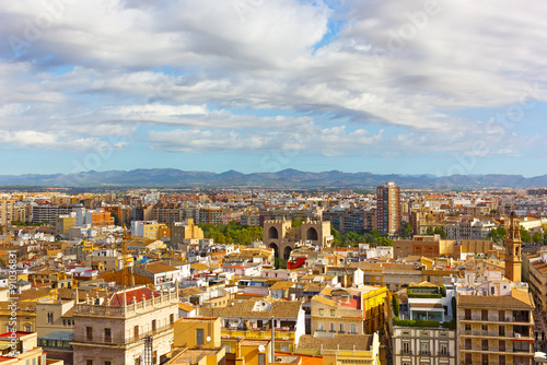 Aerial panoramic view of Valencia, Spain. Urban architecture of Spanish city in summer.