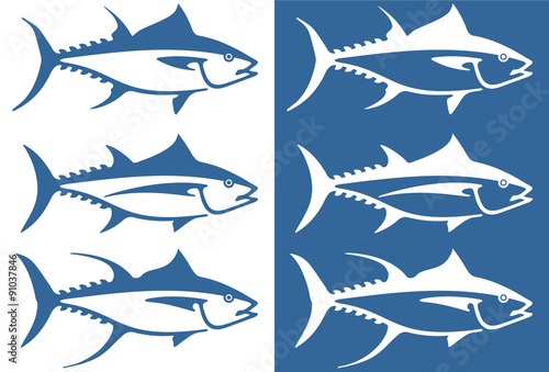 Stylized tuna fish icon set including three types of tuna - albacore, bluefin and yellowfin.
