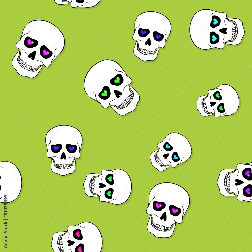 Seamless pattern with skulls and hearts on green Seamless pattern with skulls and hearts on green