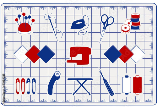 Sewing Icons on cutting mat for quilting, patchwork, applique, DIY fashion: pincushion, needle, thread, embroidery scissors, bobbins, cloth, sewing machine, pins, cutter, iron, board, seam ripper 