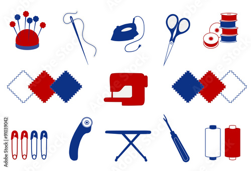 Sewing Icons for quilting, patchwork, stitchery, applique, DIY fashion: pincushion, needle, thread, embroidery scissors, bobbins, cloth, sewing machine, pins, cutter, iron, board, seam ripper 