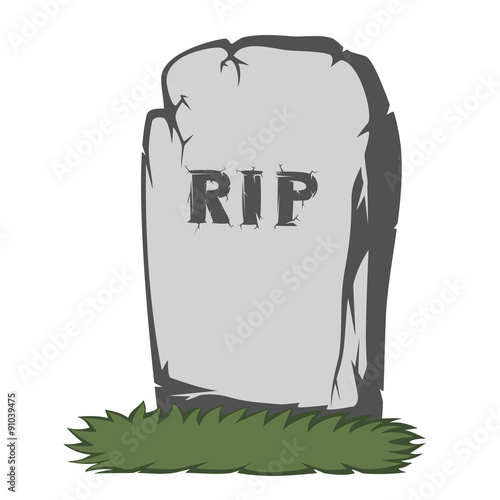 A gray gravestone with grass and RIP text