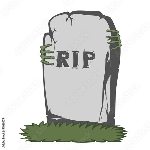 A gray gravestone with grass and RIP text and scary fingers