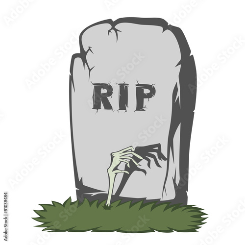 
A gray gravestone with grass and RIP text and scary fingers from the grave