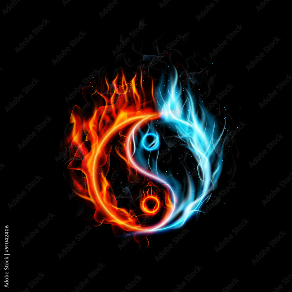 Fototapeta premium Fire burning Yin Yang with black background