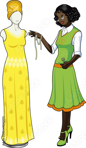 Beautiful african american female professional costume designer works on authentic ethnic wedding gown dressed mannequin isolated cartoon illustrations