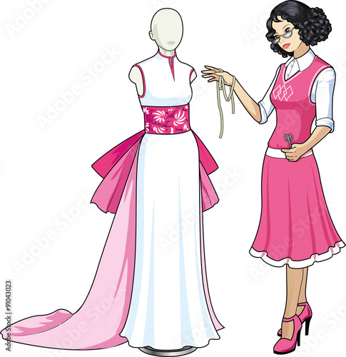 Beautiful asian female professional costume designer works on unusual white wedding gown with chinese ethnic elements dressed mannequin isolated cartoon illustrations