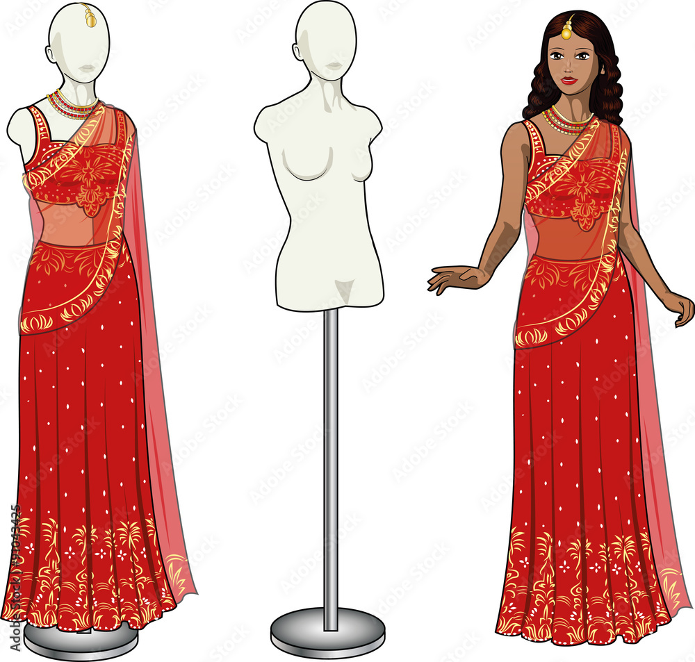 Beautiful asian woman tries on authentic traditional red wedding sari in  showing-room and gown on the mannequin isolated cartoon illustrations Stock  Vector