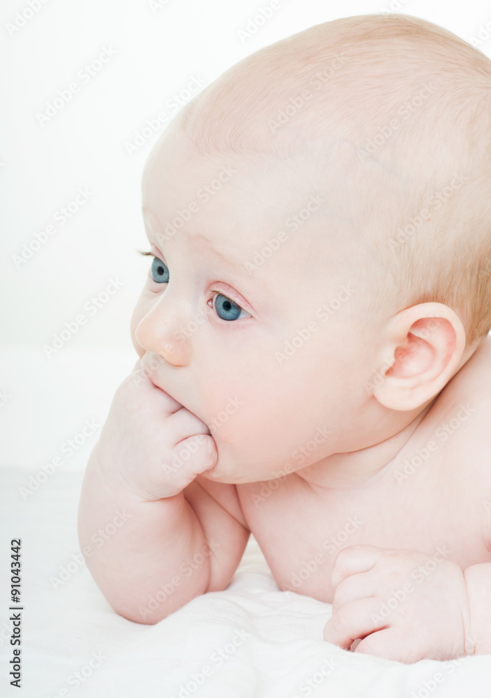 Beautiful happy baby. One, isolated on white. Beautiful happy baby. One, isolated on white.