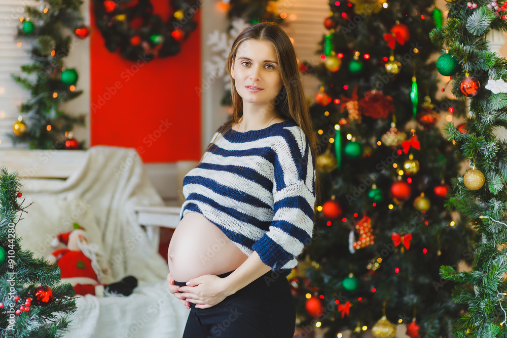 Happy pregnant woman posing. Christmas concept happy pregnancy.
