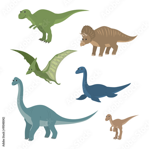 Cartoon set diplodocus plesiosaur pterosaur triceratops tyrannosaurus velociraptor