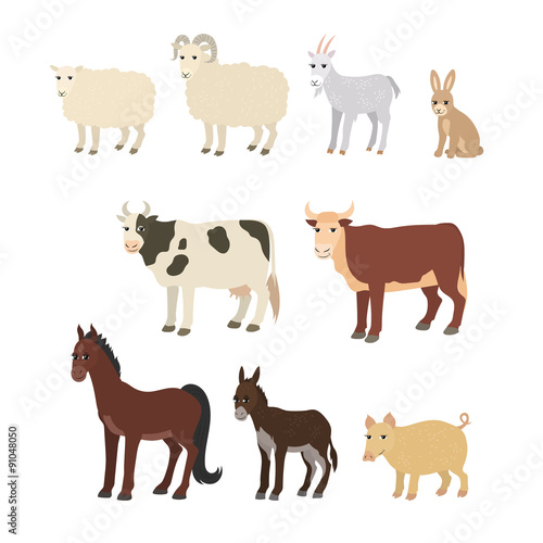 Cartoon set sheep goat donkey horse cow bull pig rabbit