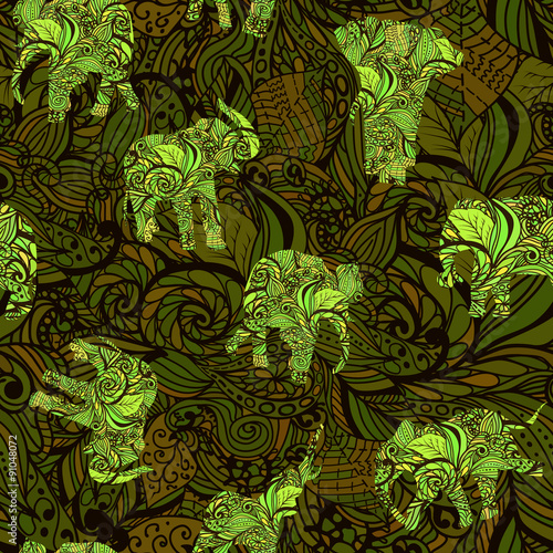 Seamless texture with elephants in Indian style Vector endless background