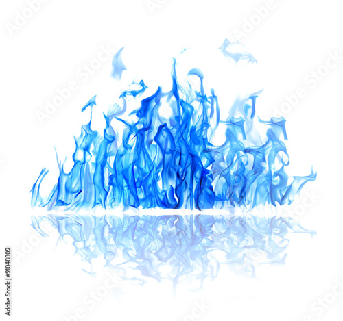 dark and bright blue fire on white with reflection