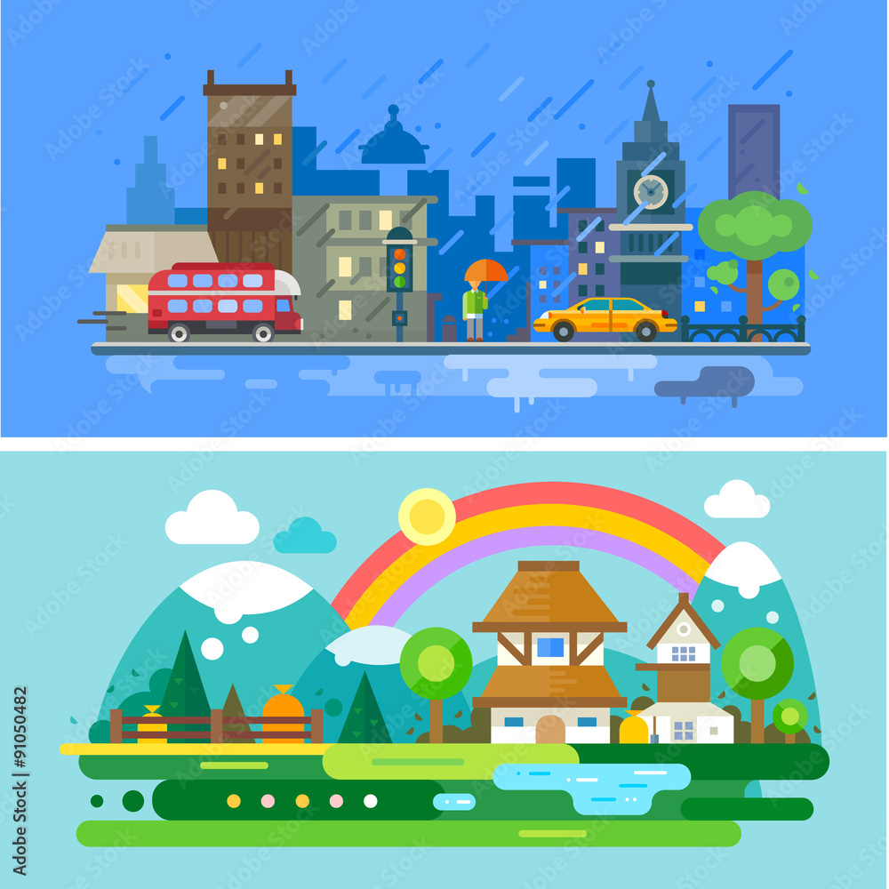 Autumn landscape. City on river embankment with autumn trees and stone houses. Mountains and forest. Vector flat illustration 