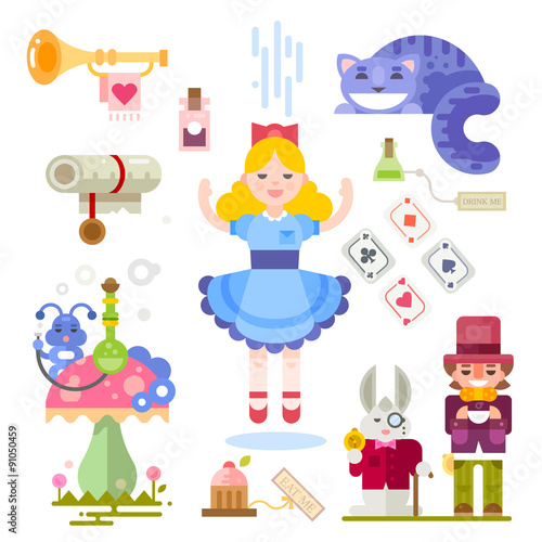 Alice in Wonderland. Fairy tale characters illustration. Characters people, playing cards, bottles, cat, mushroom, caterpillar. Vector flat illustrations