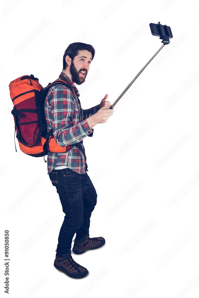 Excited photographer talking selfie Excited photographer talking selfie