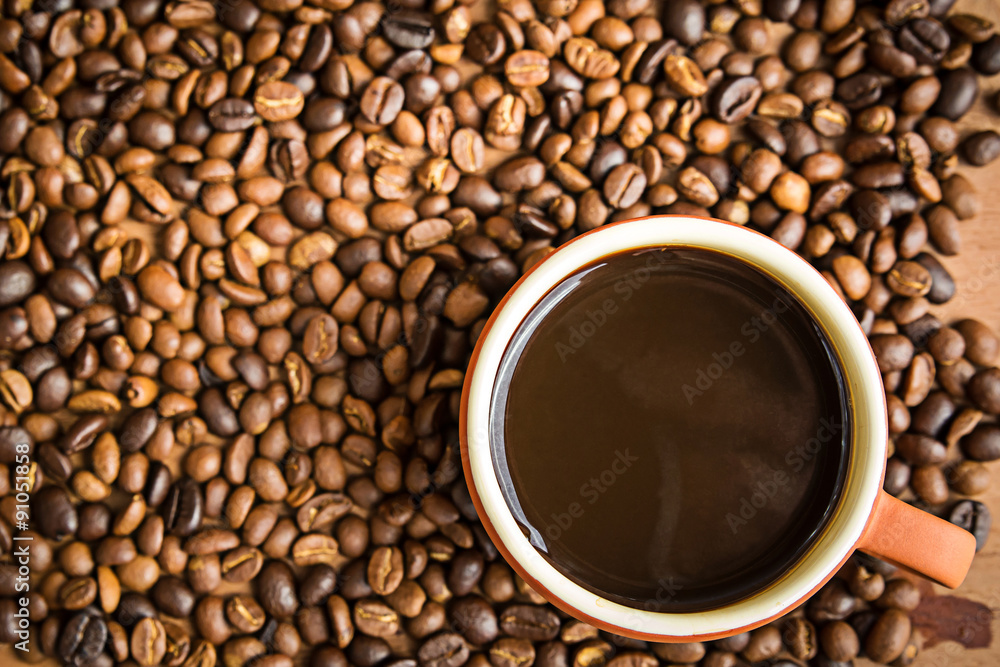 top view of espresso coffee and beans top view of espresso coffee and beans