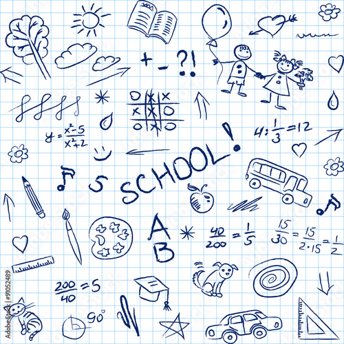 Back to school doodles in notebook, seamless pattern. Vector