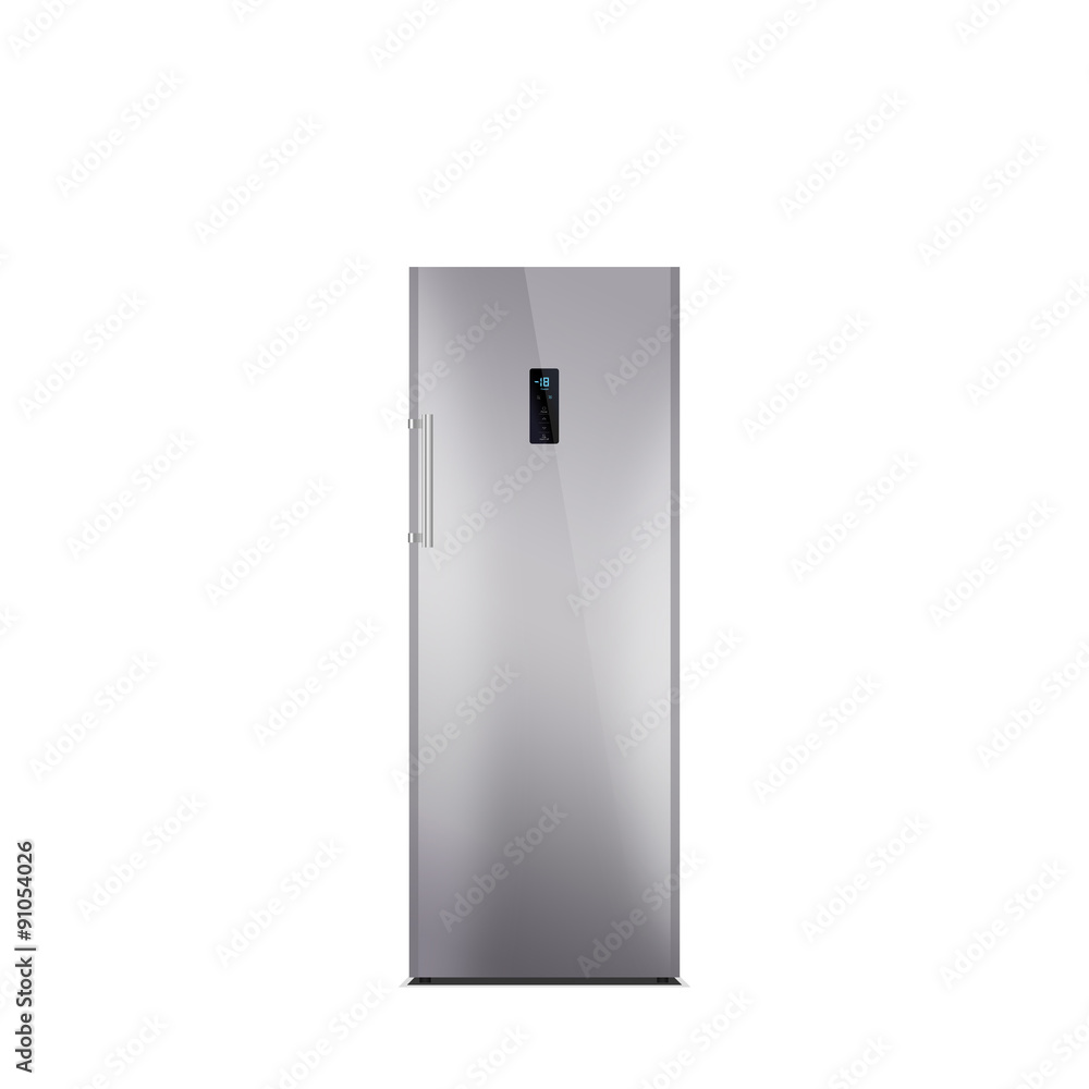 Shiny grey steel freezer isolated on white. Glossy finish. The external LED display, with blue glow. Brushed stainless steel handle. Laminated. Shiny grey steel freezer isolated on white. Glossy finish. The external LED display, with blue glow. Brushed stainless steel handle. Laminated.