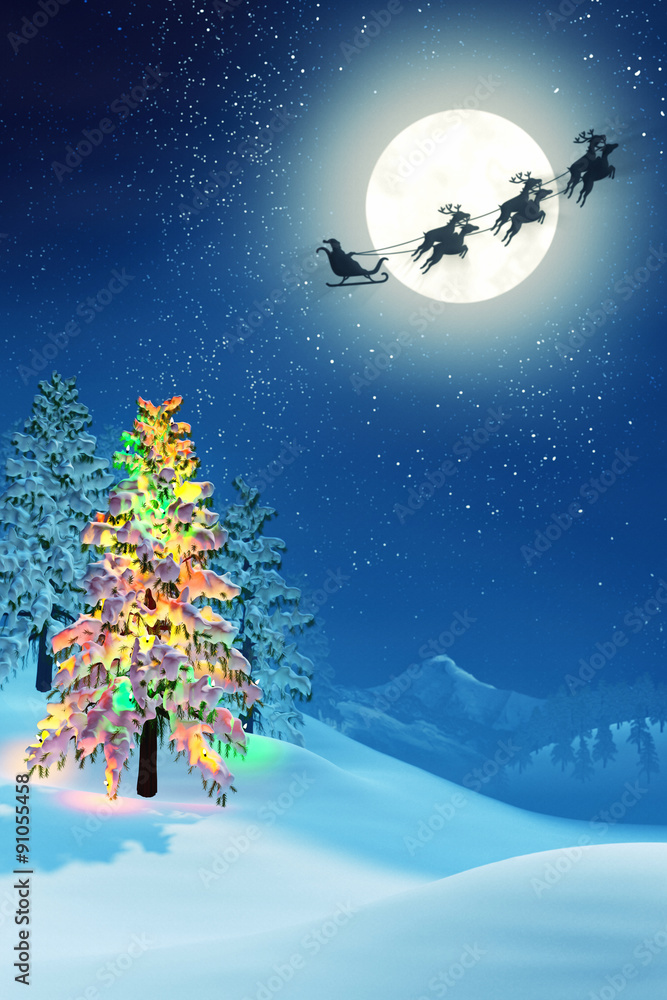 Fototapeta premium Christmas tree and Santa in moonlit winter landscape at night