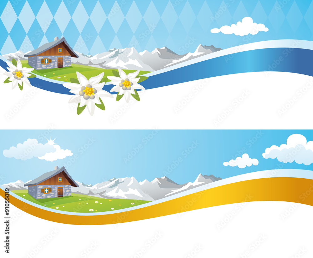 Oktoberfest banner background with alpine cabin, Bavarian Alps and Edelweiss