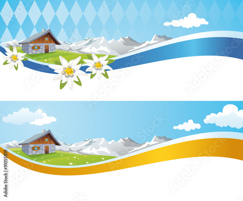 Oktoberfest banner background with alpine cabin, Bavarian Alps and Edelweiss