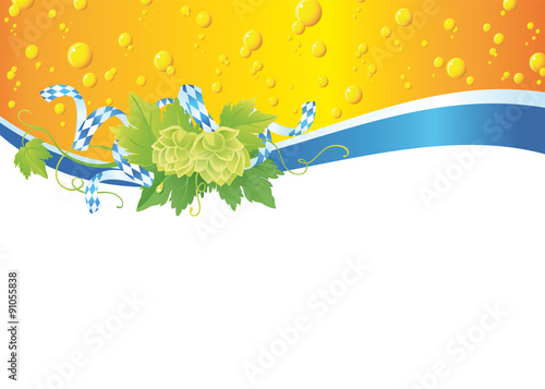 Oktoberfest banner with hops vine and Bavarian flag streamer on beer bubbles background