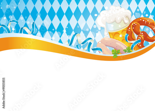 Oktoberfest banner with beer mug, Pretzel, Weisswurst and streamers on Bavarian flag