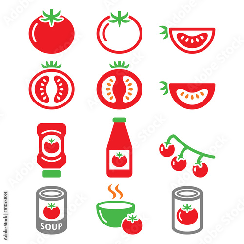 Red tomato, ketchup, tomato soup icons set 
