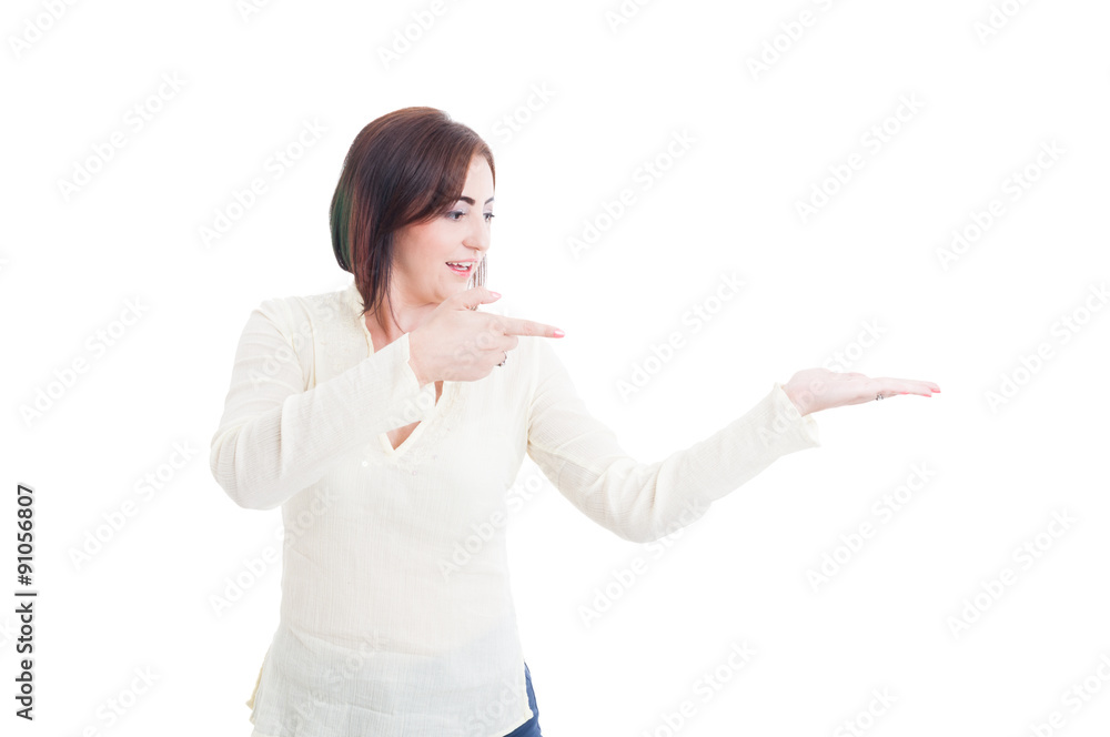 Casual woman holding palm with empty blank copy space Casual woman holding palm with empty blank copy space