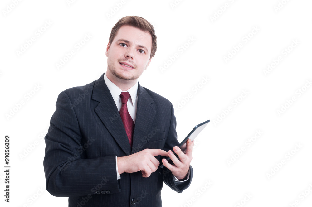 Modern banker or broker using tablet isolated on white Modern banker or broker using tablet isolated on white