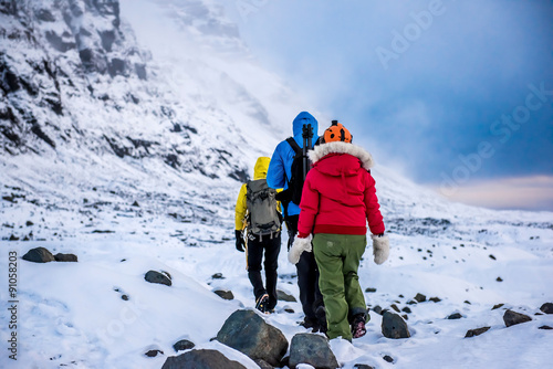 group of climbers in snow mountains.