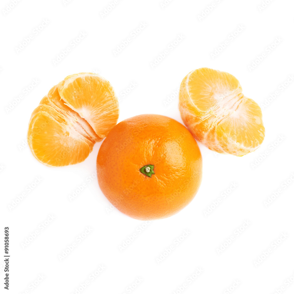 Two halves and fresh juicy tangerine fruit isolated over the Two halves and fresh juicy tangerine fruit isolated over the