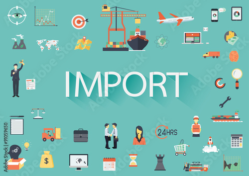 Word IMPORT with involved set of flat icons around.