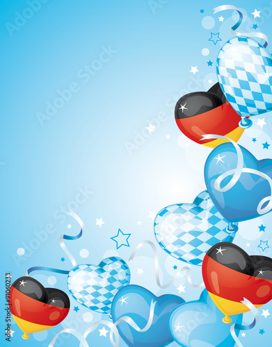 Vector Oktoberfest illustration of heart balloons in the colors of Bavaria and Germany flying in the sky
