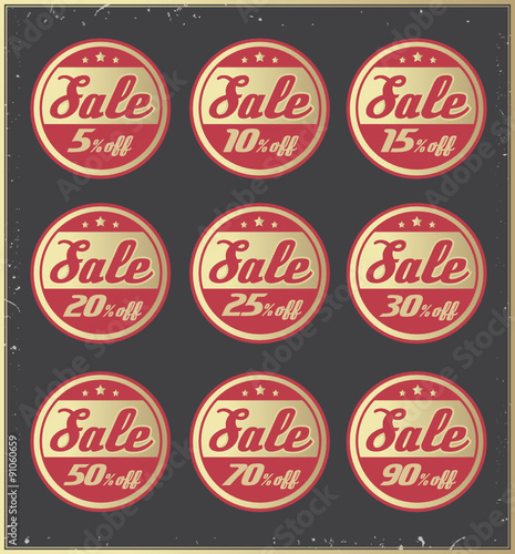 Set of golden retro vector discount badges.