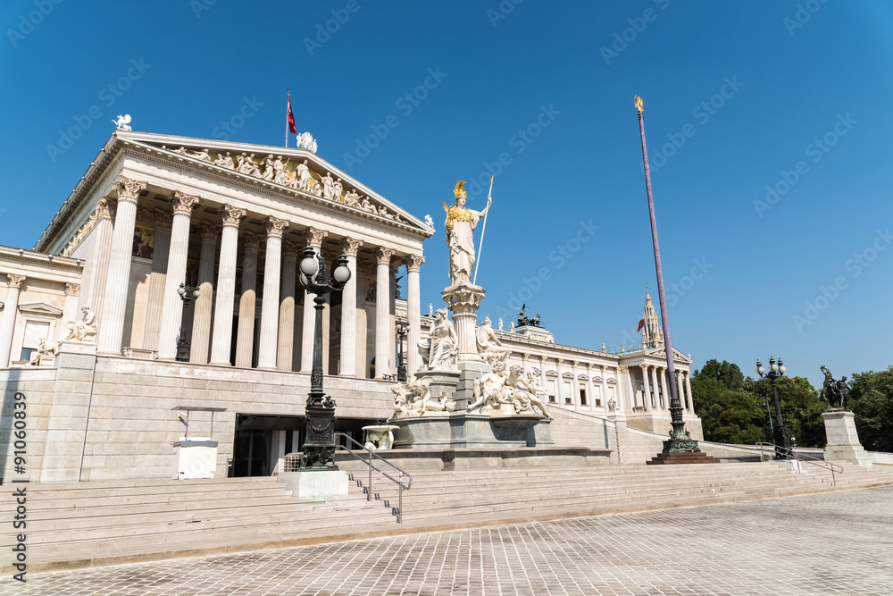 Built In 1883 The Austrian Parliament Building (Parlamentsgebaude) in Vienna is where the two houses of the Austrian Parliament conduct their sessions.