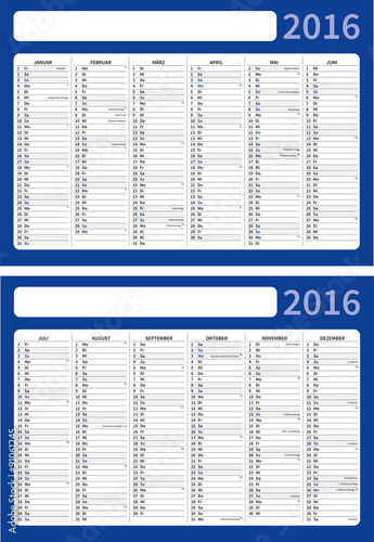Half year calendar two sides A4 in German, 2016